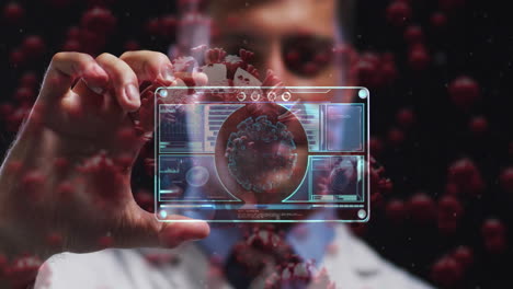 animación de las células del virus y interfaz digital sobre el médico masculino