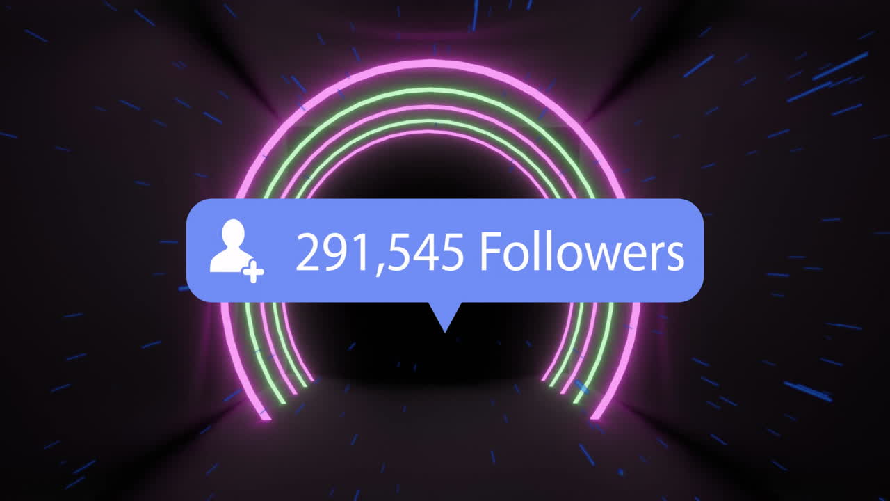 Bubble showing 220,515 followers floating in neon tunnel in 3D, glowing blue with light streaks