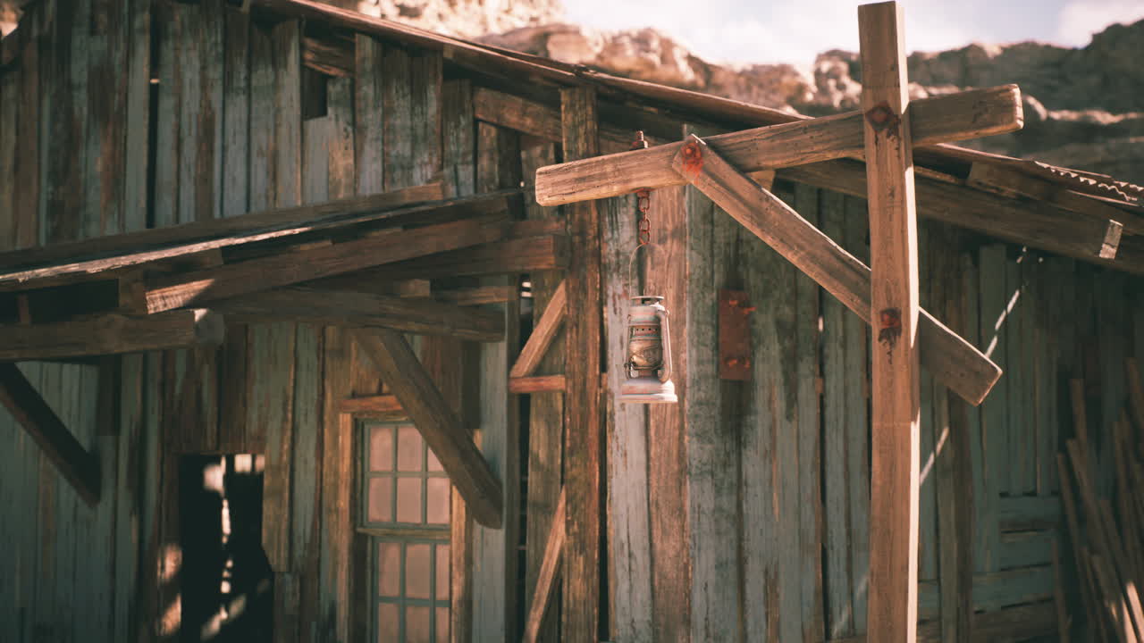 Rustic wooden cabin with lantern in desert landscape during golden hour