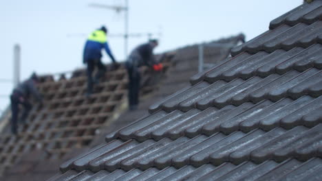 statische slow-motion opname van tegelzetters die aan een oud dak werken, renoveren