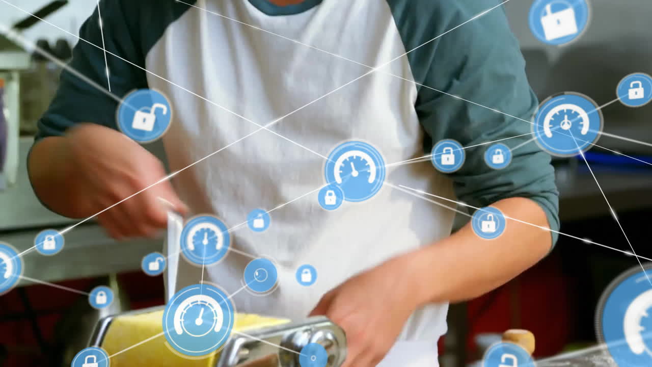 파스타를 만드는 백인 남성 요리사에 대한 연결 네트워크의 애니메이션