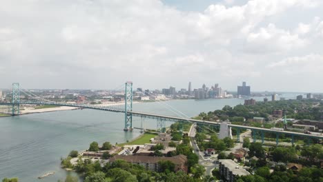 4k drone pan showing detroit and windsor skylines across the border