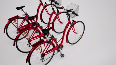 three red 3d bicycles on white background, 3d animation, camera zoom out slowly