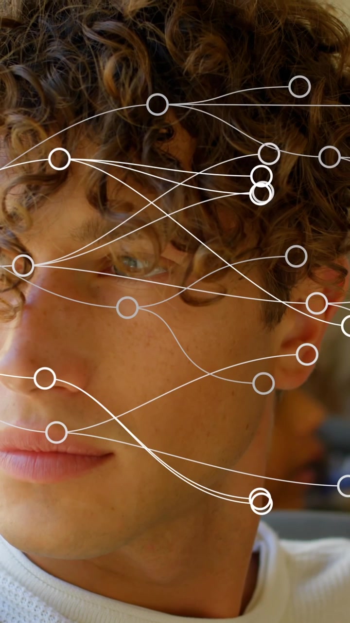 Animation of network of connections over thoughtful caucasian man travelling on bus