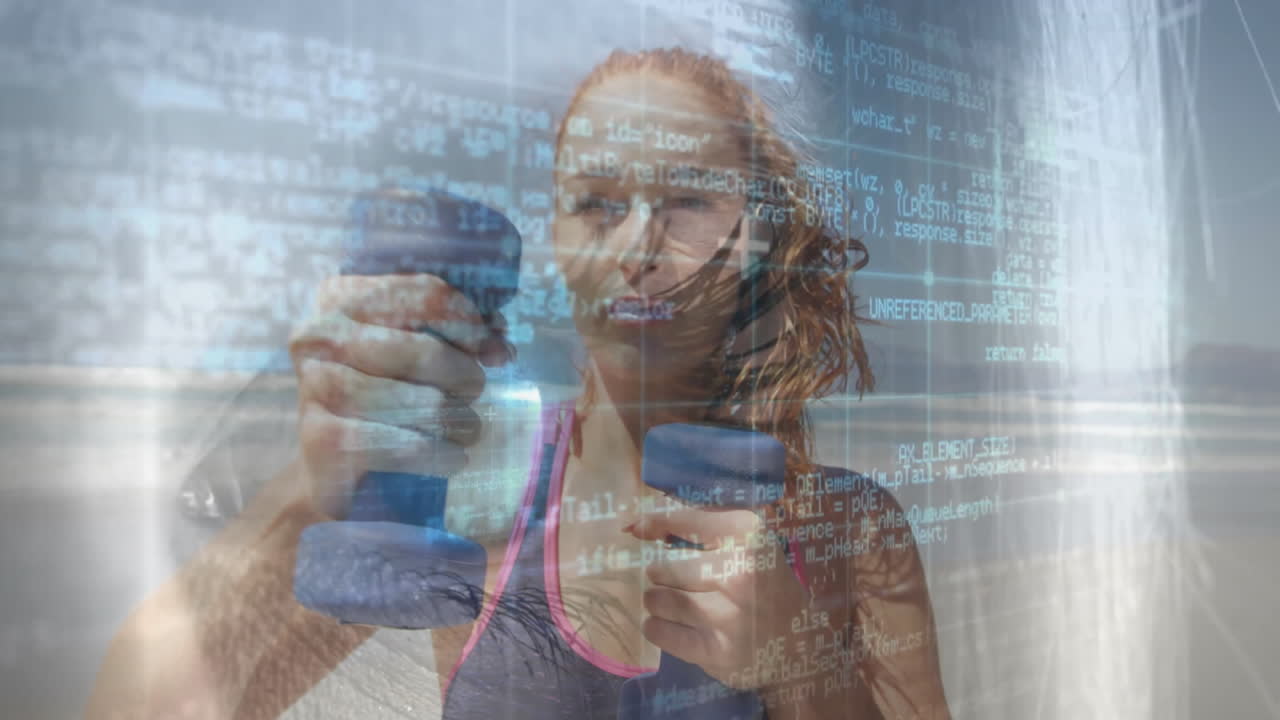 Woman exercising with dumbbells overlaid with digital code and data animation