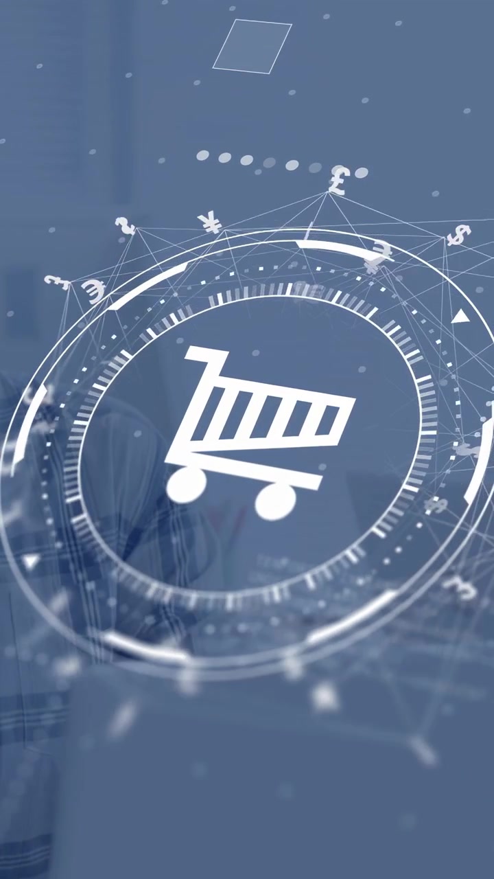 Vertical video: HUD appearing, worker typing and using phone for commerce, cart HUD orbiting laptop