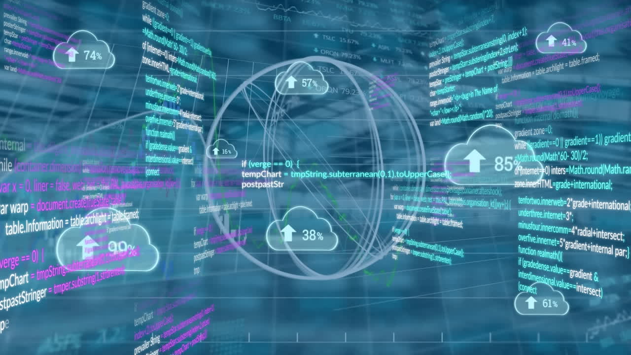 animación del procesamiento de datos con iconos sobre el paisaje urbano