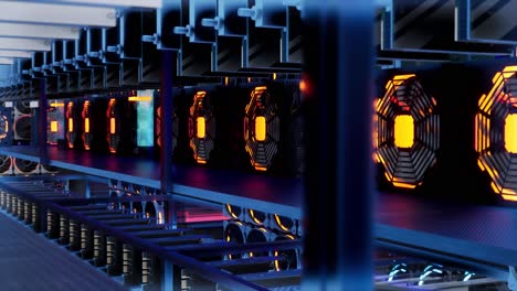 animación 3d de equipos de minería en bastidores de soporte minero criptomoneda en contenedor de acero. aplicación de tecnología blockchain específico centro de datos de circuitos integrados. luces de sala de servidores.