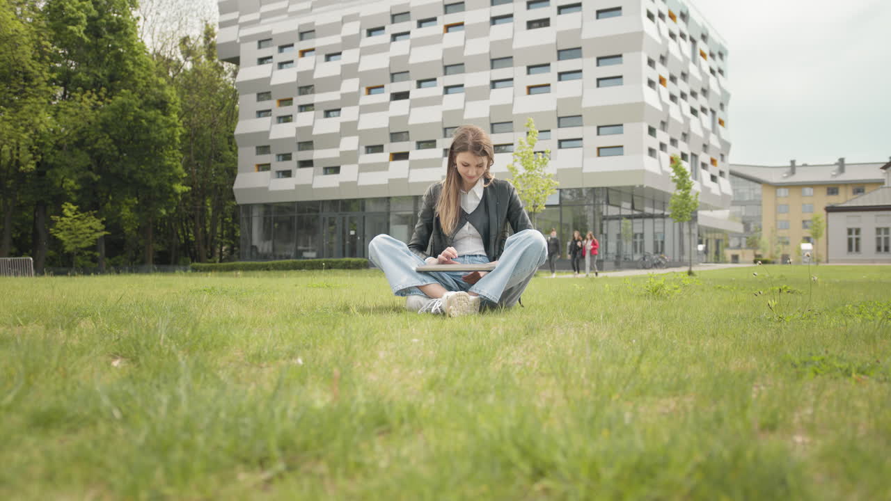 ocupada chica atractiva trabajando en la computadora portátil como sentado en la hierba en el parque de la ciudad en una agitada mañana de verano