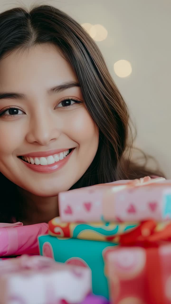 Vertical video: At clip start smiling woman tilting head gazing at gift boxes sharing festive mood