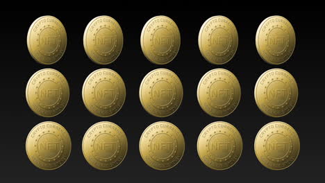 animation of rows of golden nft coins spinning on black background