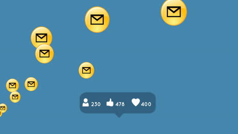 perfil, pulgar hacia arriba y icono de corazón con números crecientes en la burbuja de habla contra los iconos de mensaje