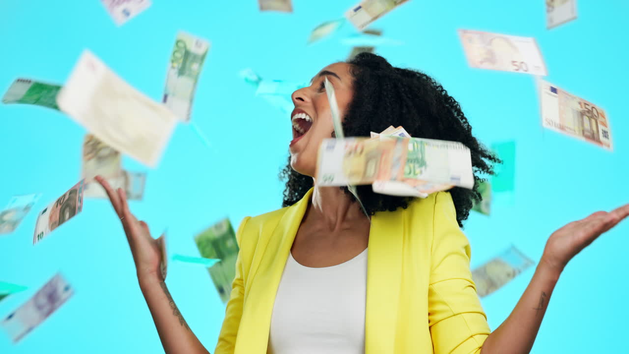 Winner, money rain and celebration of woman