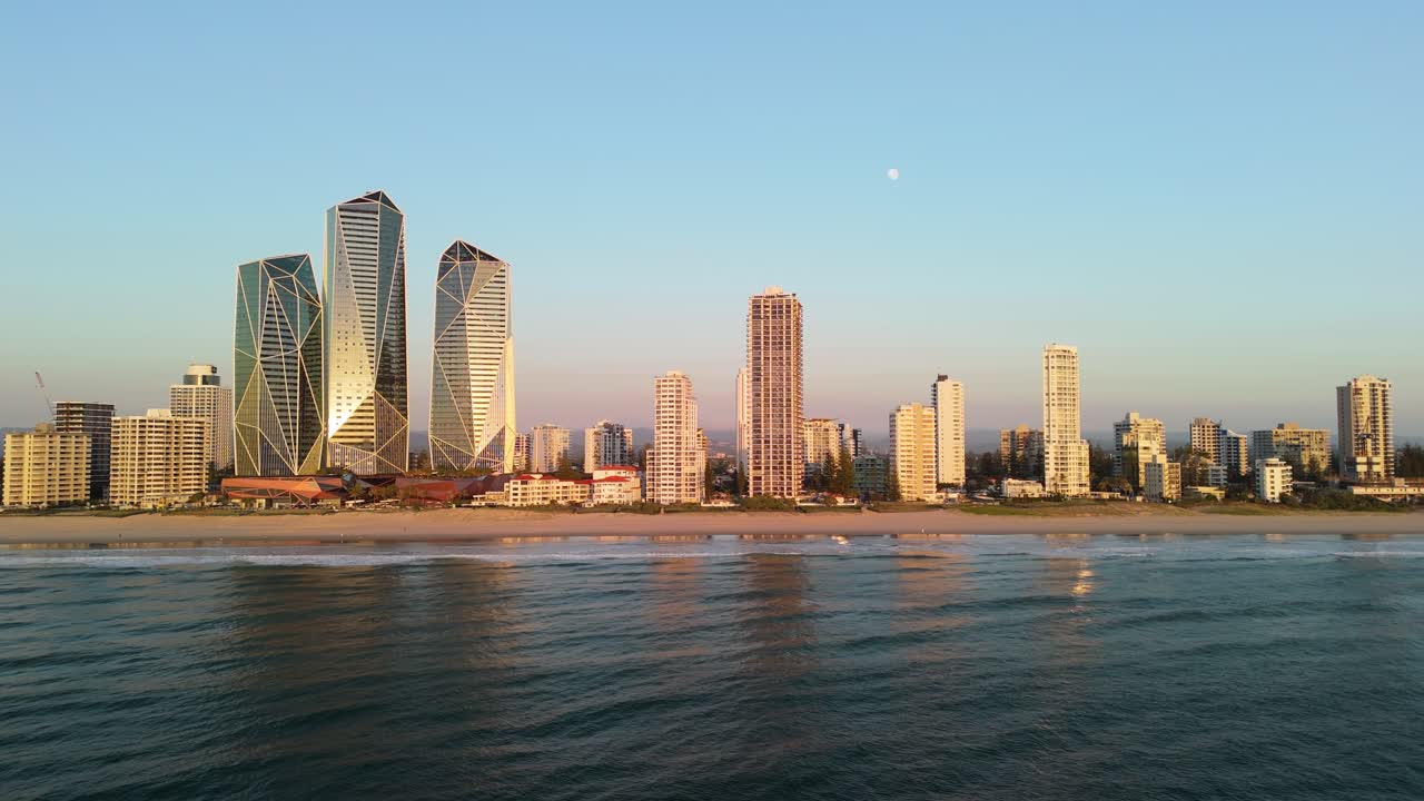 Sunrise in the famous strip of Australian skyscrapers in Gold Coast, Australia