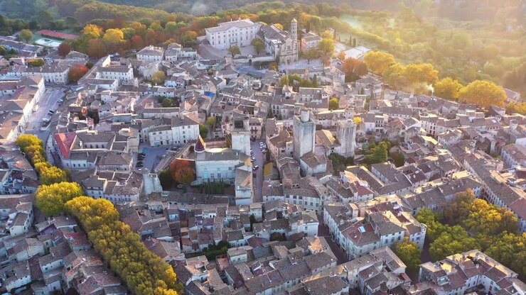 Amazing aerial morning view over Uzès Gard department Gallo Roman city France