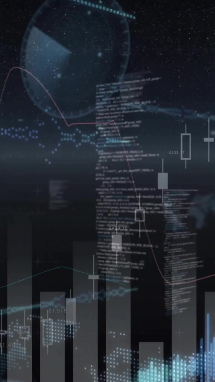 Animation of diagrams and data processing on black background