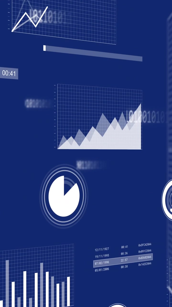 Animation of multiple graphs, loading circles and bars with binary codes on server racks