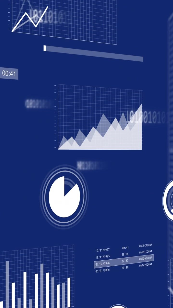 Animation of multiple graphs, loading circles and bars with binary codes on server racks