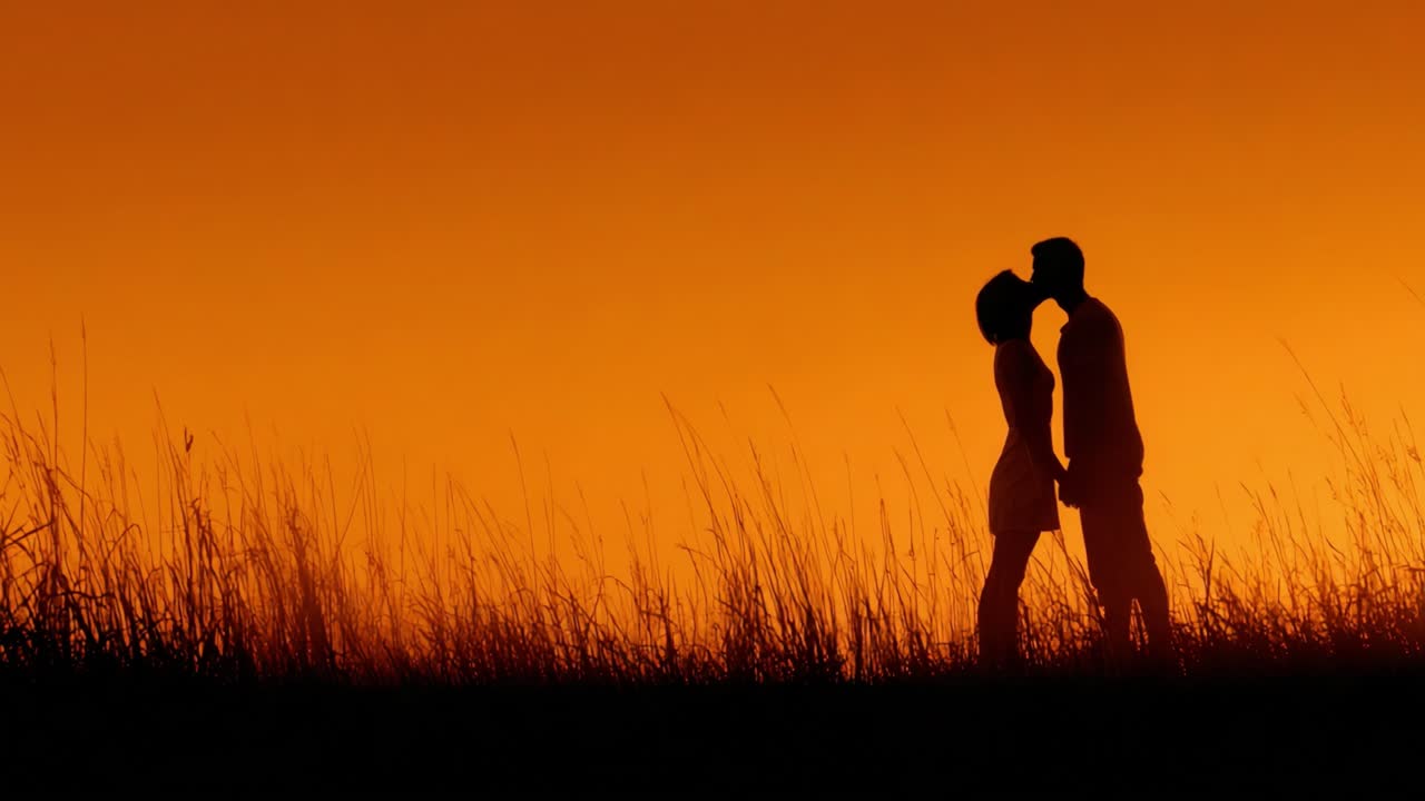 A Romantic Sunset Moment: Capturing the Silhouette of Two Lovers Embraced in a Field of Grass as the Golden Sun Sets on the Horizon, Creating an Enchanting Atmosphere