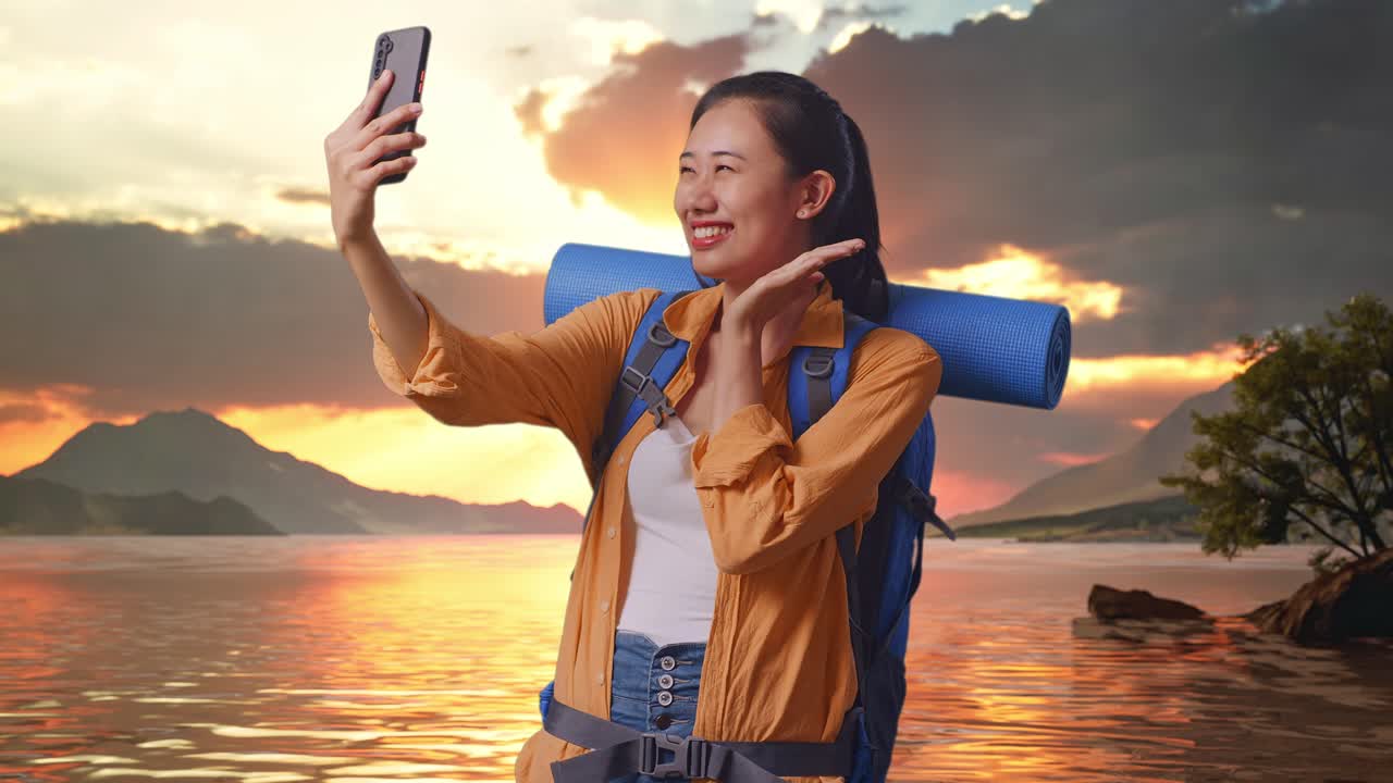 excursionista femenina asiática con mochila de montañismo mientras toma una selfie en un lago durante la hora del atardecer