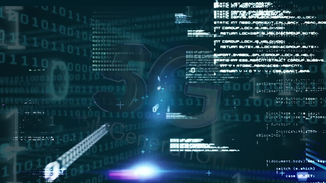 Animation of binary coding and data processing on blue background