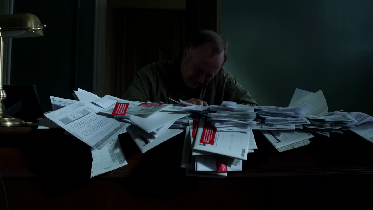 Man Overwhelmed by Large Pile of Papers and Bills on Desk