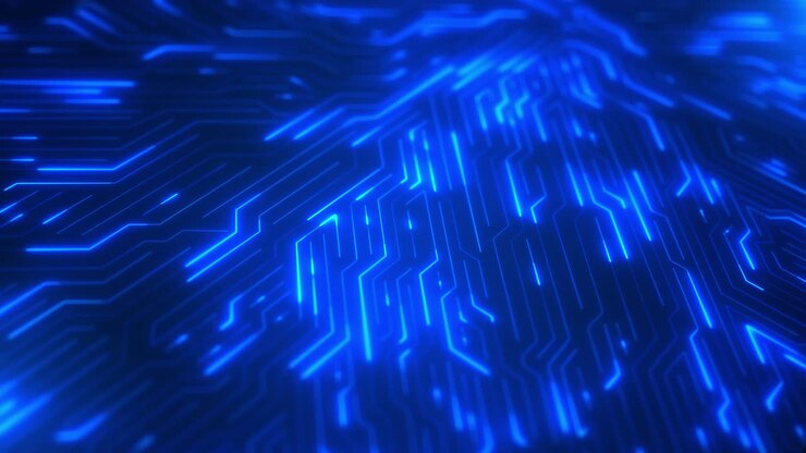 Tecnologia futuristica. Connessioni e segnali del processore del computer, sfondo di circuito CPU in 3D.