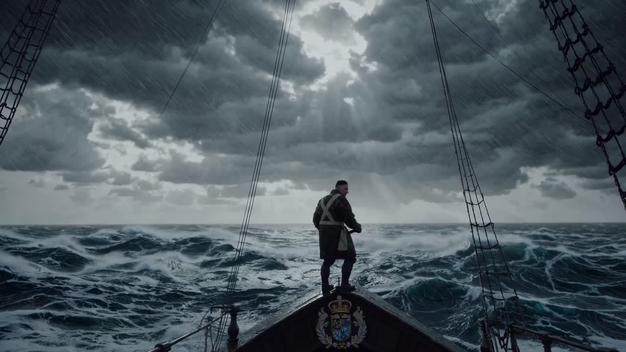 Dramatic video scene of a sailor on a ship's bow facing a stormy sea