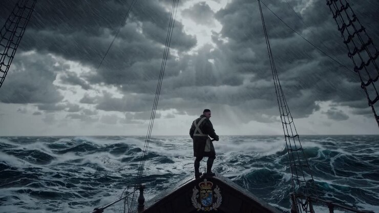 Dramatic video scene of a sailor on a ship's bow facing a stormy sea