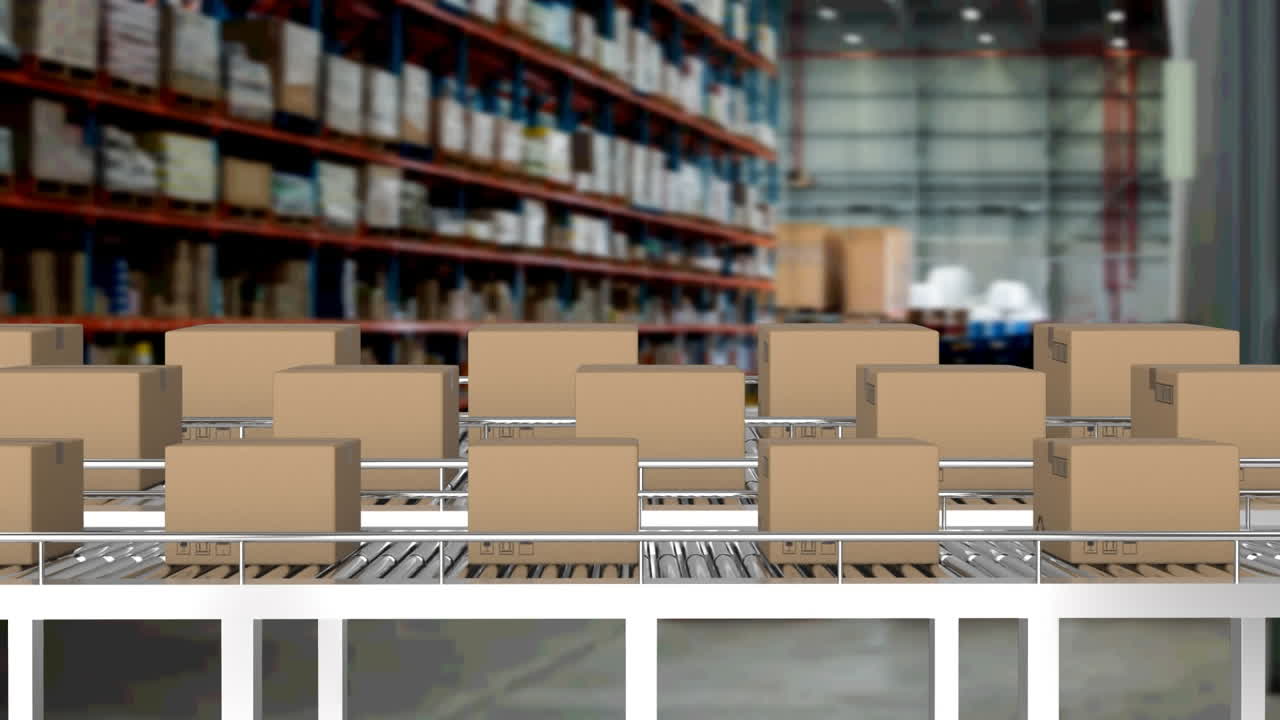 animación de cajas de cartón en cintas transportadoras en el almacén