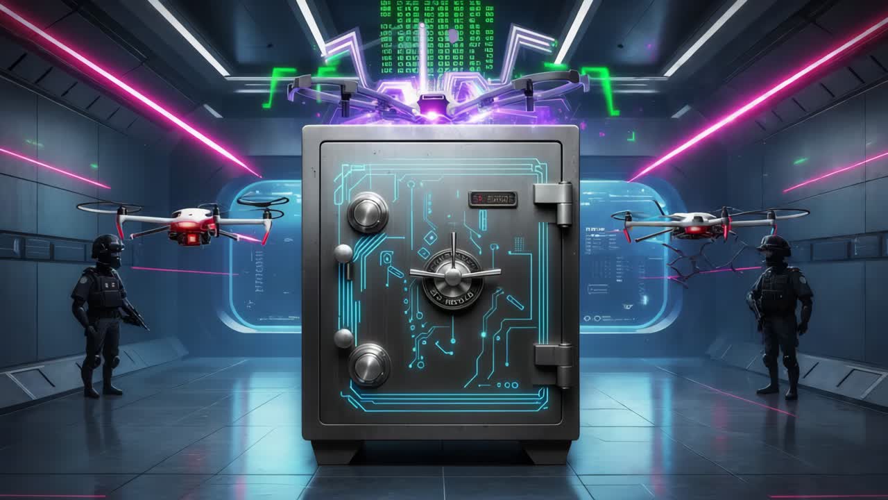 드론과 보안 인력을 가진 미래의 첨단 기술 안전장치