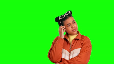 Green screen face, thinking