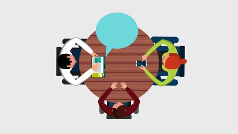 personas con teléfonos inteligentes y mesa hablando diálogo con mesa redonda