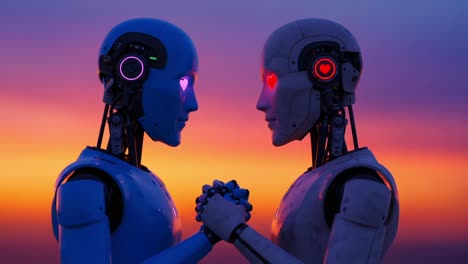 interaction between two advanced robots under a vibrant sunset, showcasing emotions and connection through their illuminated features and unique design elements