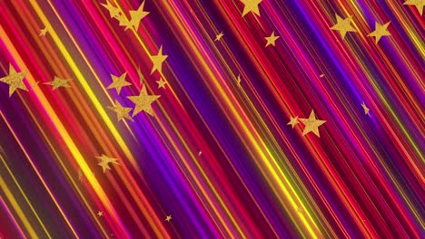 Animation-of-yellow-stars-and-multicoloured-stripes-pattern-moving-on-seamless-loop