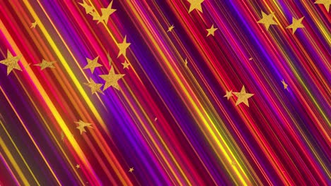 animation of yellow stars and multicoloured stripes pattern moving on seamless loop