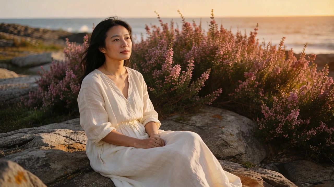 Donna asiatica seduta con un vestito color crema su una roccia, che contempla l'oceano mentre il tramonto illumina gli arbusti rosa.