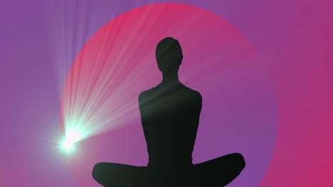 animation of light spot over silhouette of a woman in yoga pose against purple gradient background