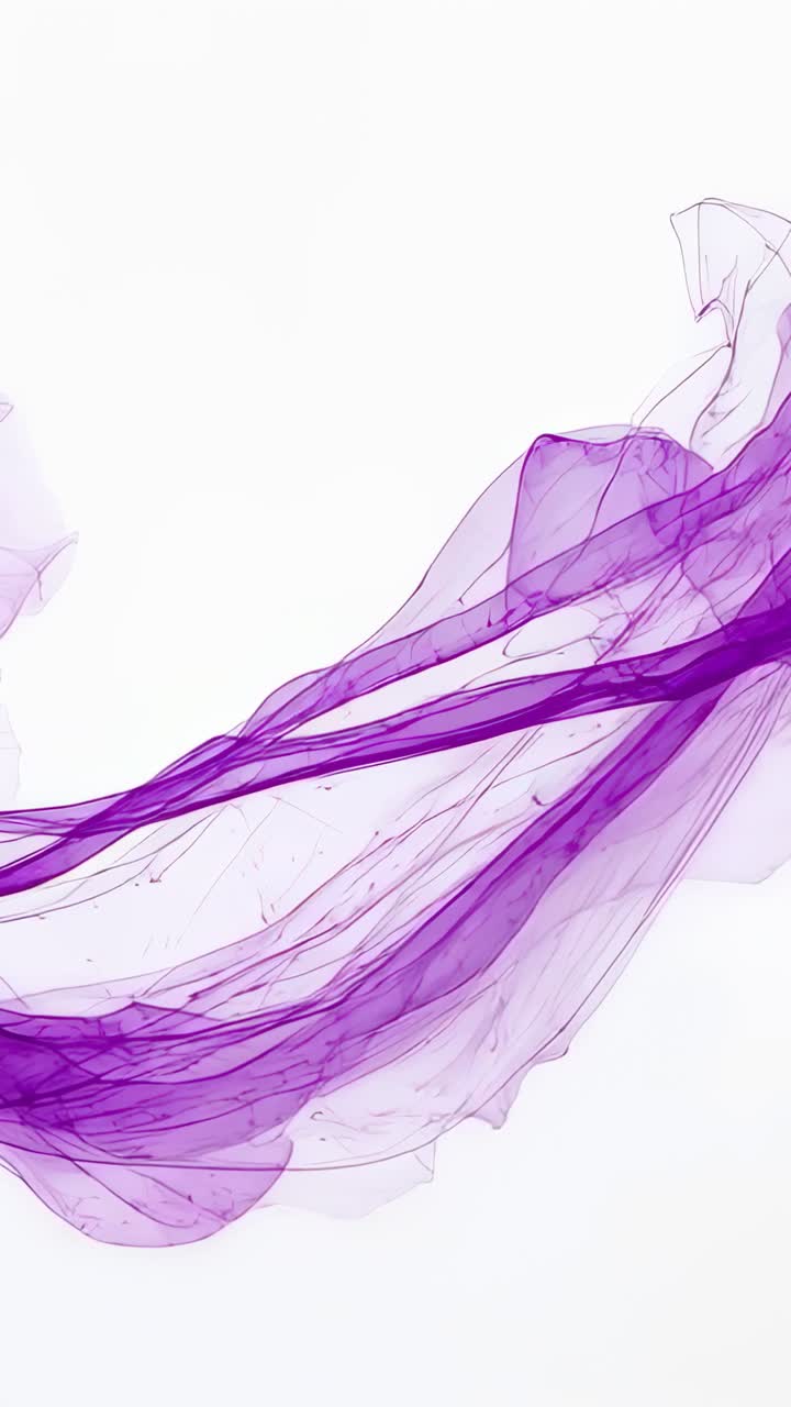 Vertical video: Moving purple ribbons pushed by left breeze across white backdrop showing streaks
