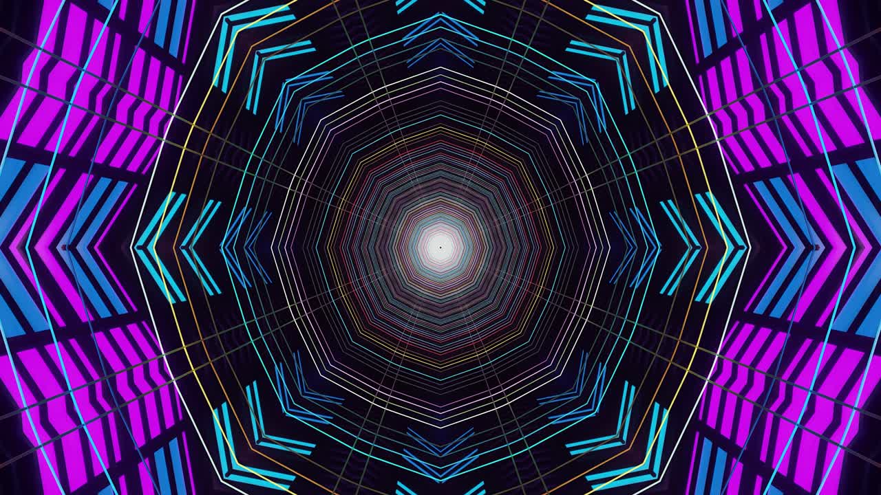 Colorful geometric patterns form a hypnotic spiral while smoothly transitioning in a seamless loop