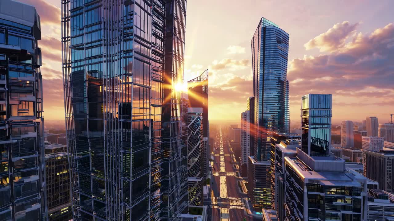 Vista aerea di grattacieli futuristici al tramonto, che mostrano l'architettura urbana con effetti spettacolari