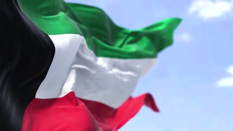 detail of the national flag of kuwait waving in the wind on a clear day
