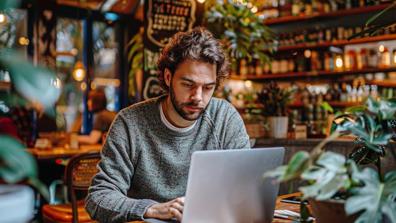 hombre trabajando en una computadora portátil en un café