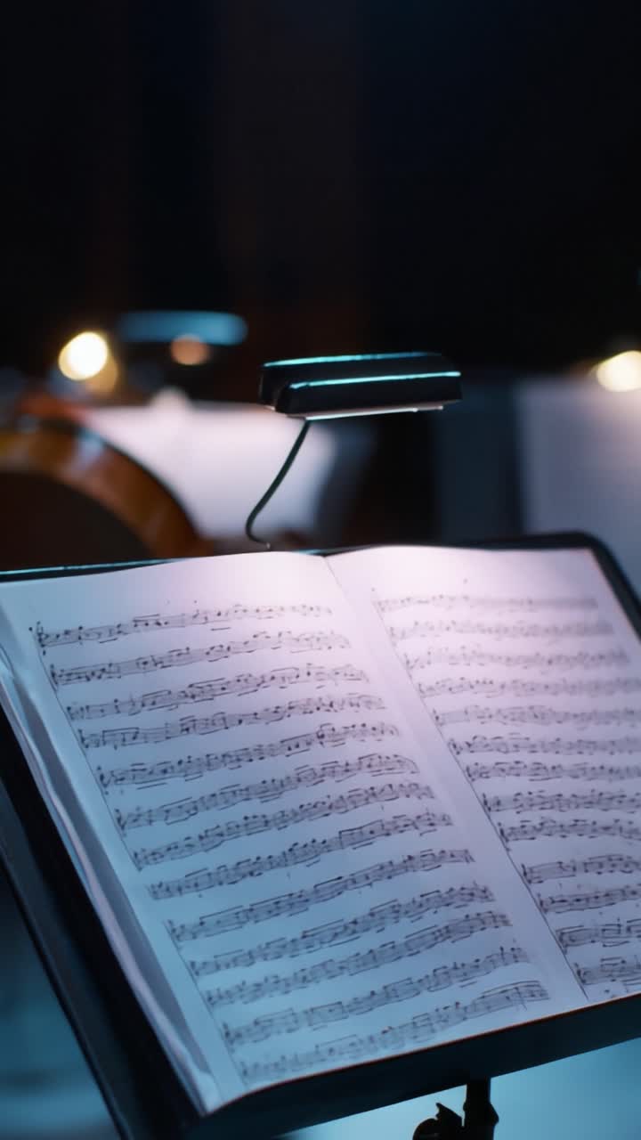 Close-Up View of a Music Stand with Sheet Music Under Soft Lighting, Perfect for a Concert or Practice Session Featuring Musical Notes and Symbols