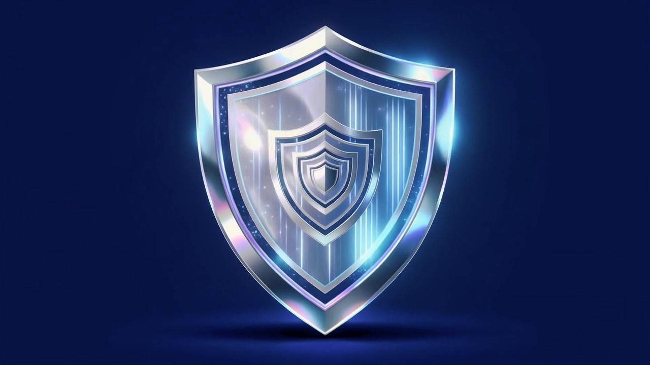 Glowing Metallic Shield Icon Representing Cybersecurity and Protection