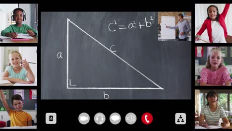 animation of interface screen with chalkboard, teacher and six diverse children in online lesson