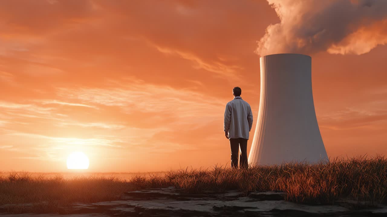 Man contemplates the future of energy at a nuclear power plant during sunset