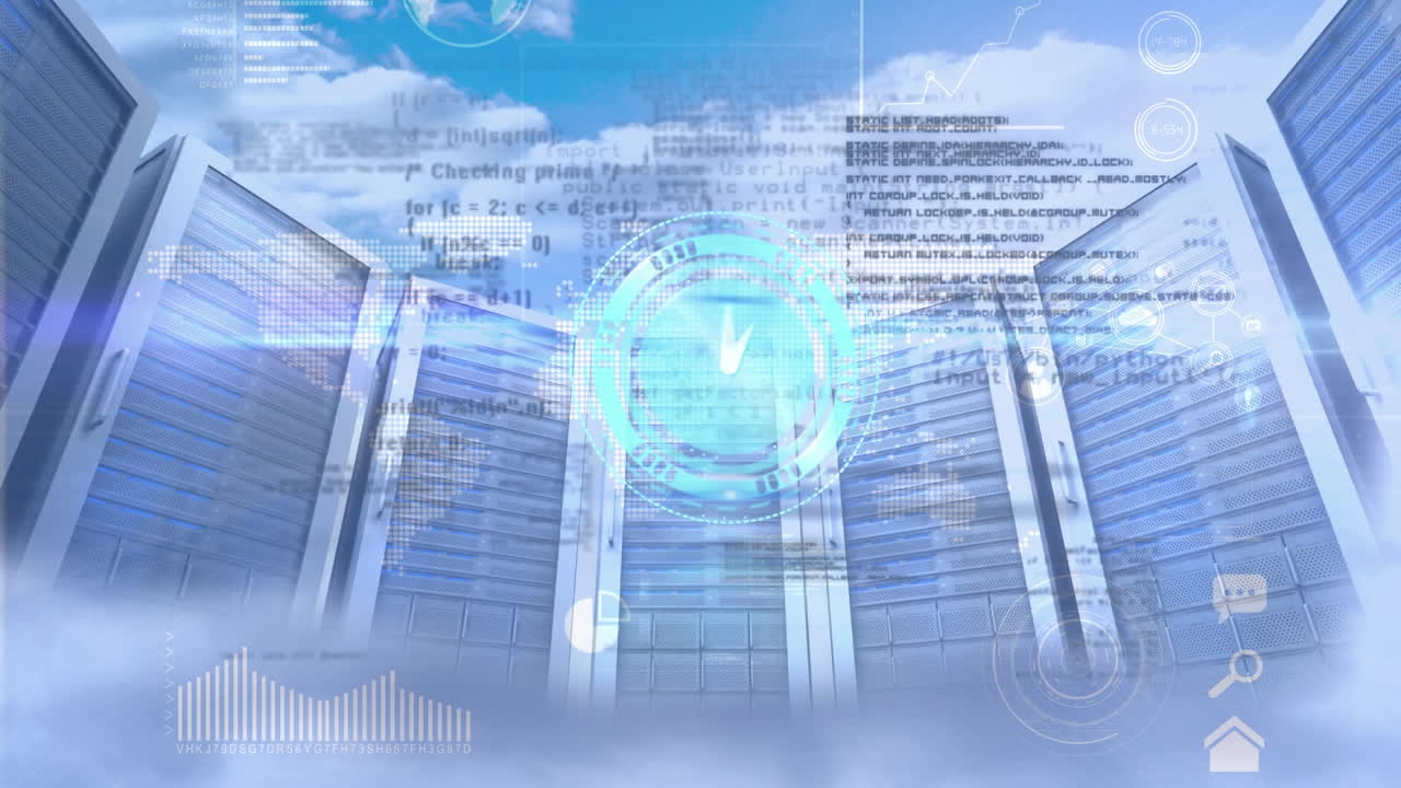 Animation of clock, data processing and servers over clouds