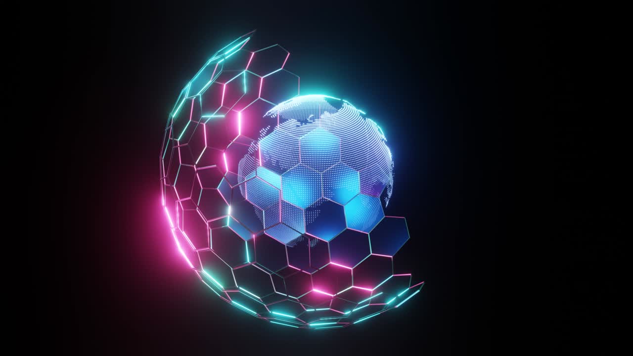 Pianeta digitale 4K. Rete esagonale blu luminosa.