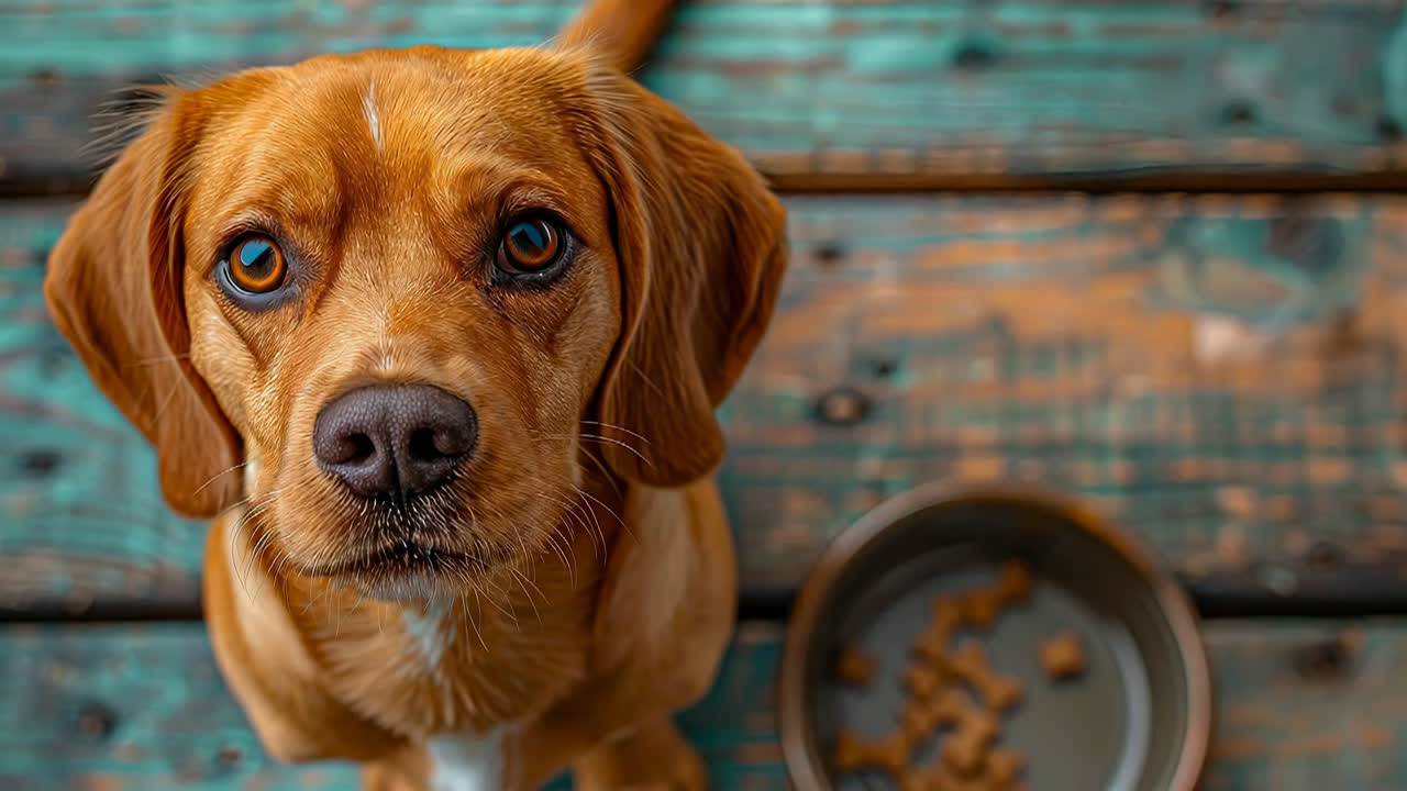 Ein Hund sitzt neben einem Futternapf auf einem Holzboden. Ein Hund beobachtet aufmerksam neben seinem Futternapf auf einer Holzoberfläche. Die Umgebung zeigt einen alten, rustikalen Look.